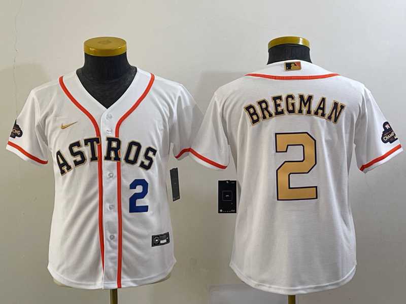 Youth Houston Astros #2 Alex Bregman Number 2023 White Gold World Serise Champions Patch Cool Base Jersey->mlb youth jerseys->MLB Jersey